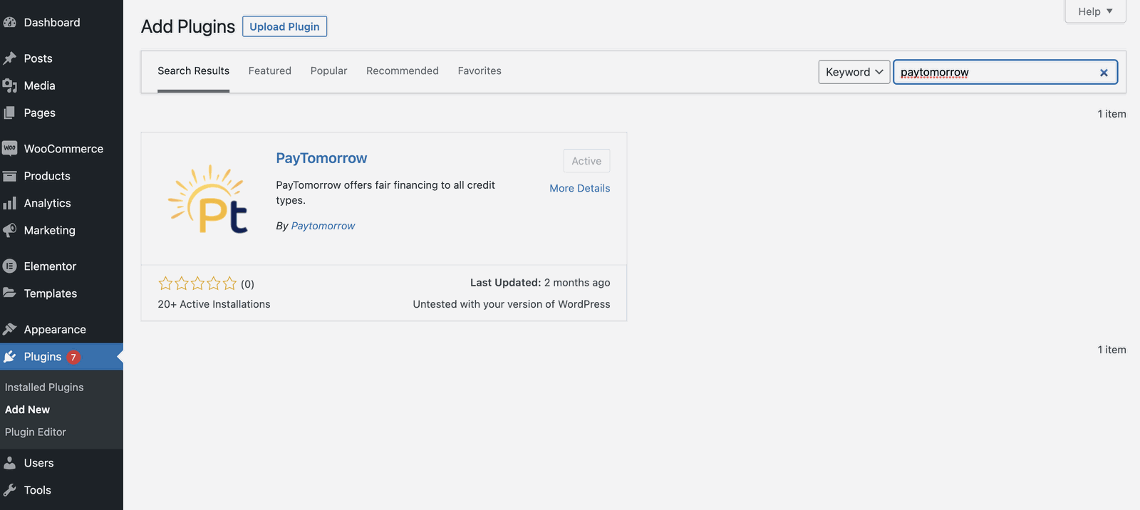 Installing PayTomorrow from Plugins → Add New