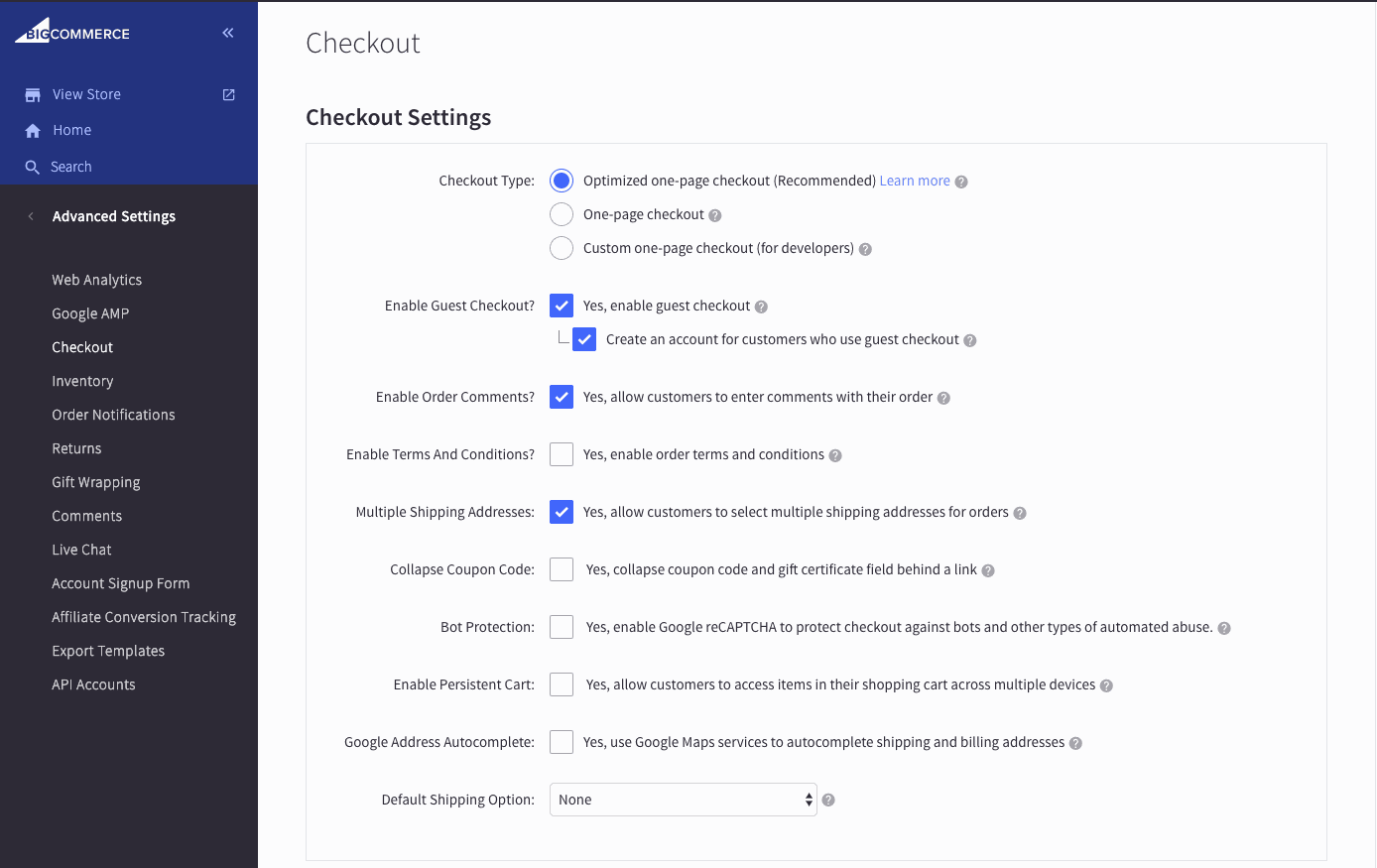 Optimized one-page checkout setting