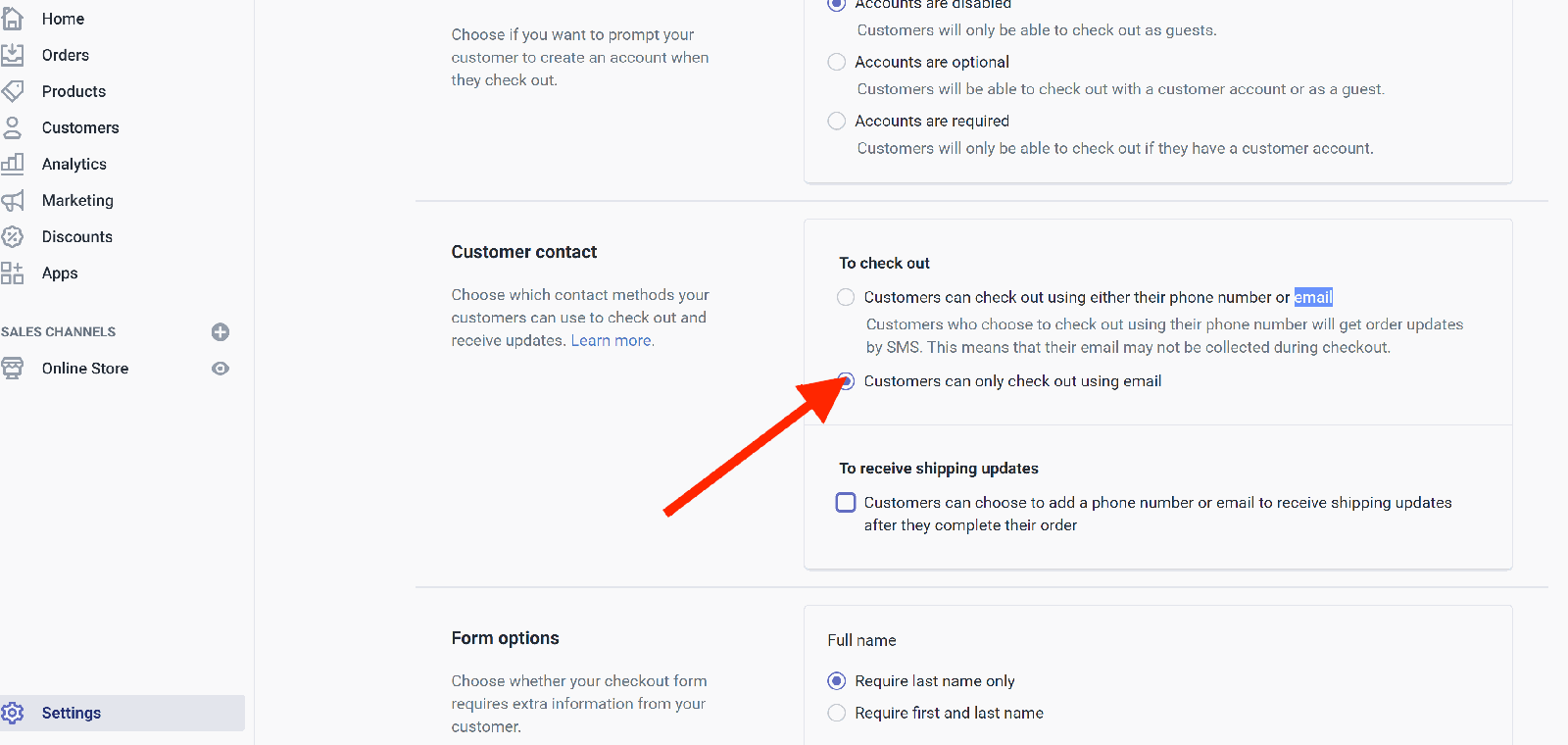 Checkout settings with email selected