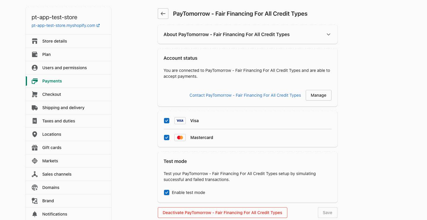 Manage PayTomorrow in payment settings