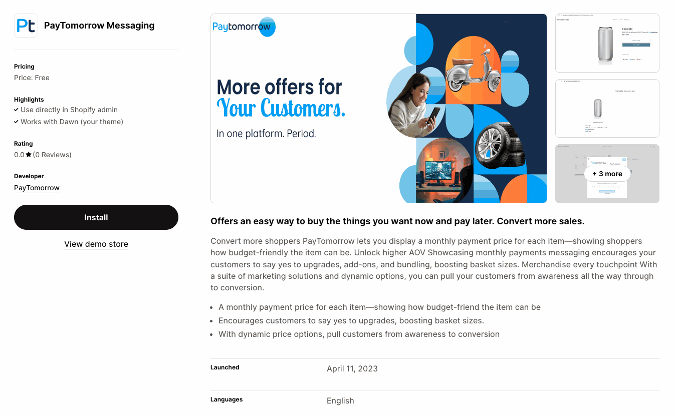 PayTomorrow in the Shopify App Store